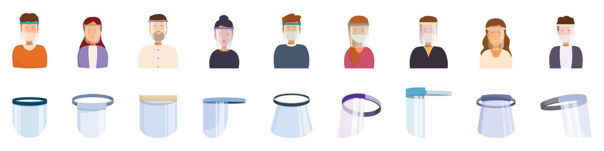 Plastic face shield icons set. People of different professions and races wearing medical face shield for protection vector