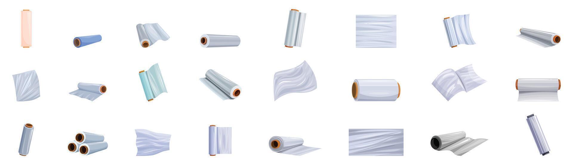 Cellophane stretch film icons set. Set of different rolls of stretch film for food packaging representing food storage and preservation vector