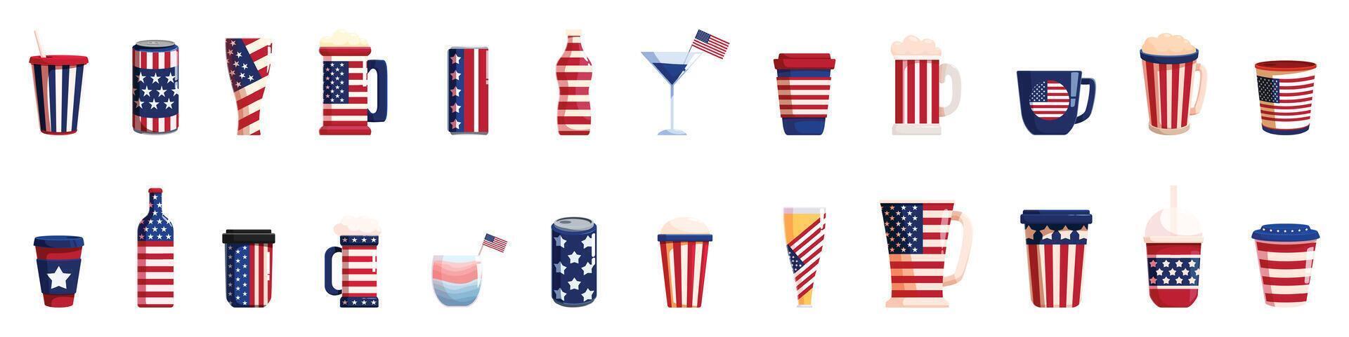 4th july drink icons set. Collection of various drinks celebrating american national holiday vector