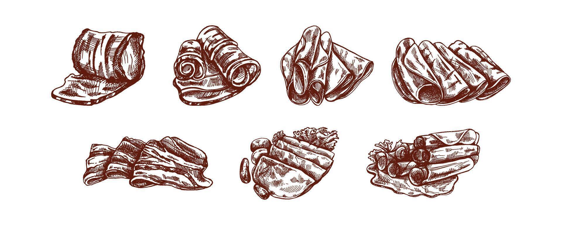 Hand-drawn sketch set of bacon, hamon or pork meat, ham slices. Italian prosciutto vintage sketch. Butcher shop. Great for label, restaurant menu. Engraved image. vector