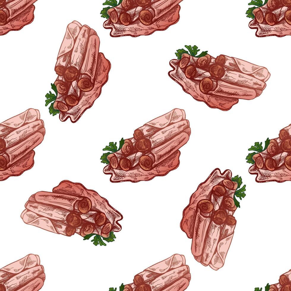 Hand-drawn seamless pattern of bacon, hamon or pork meat, ham slices. Italian prosciutto vintage sketch. Butcher shop. Great for label, restaurant menu. Engraved image. vector