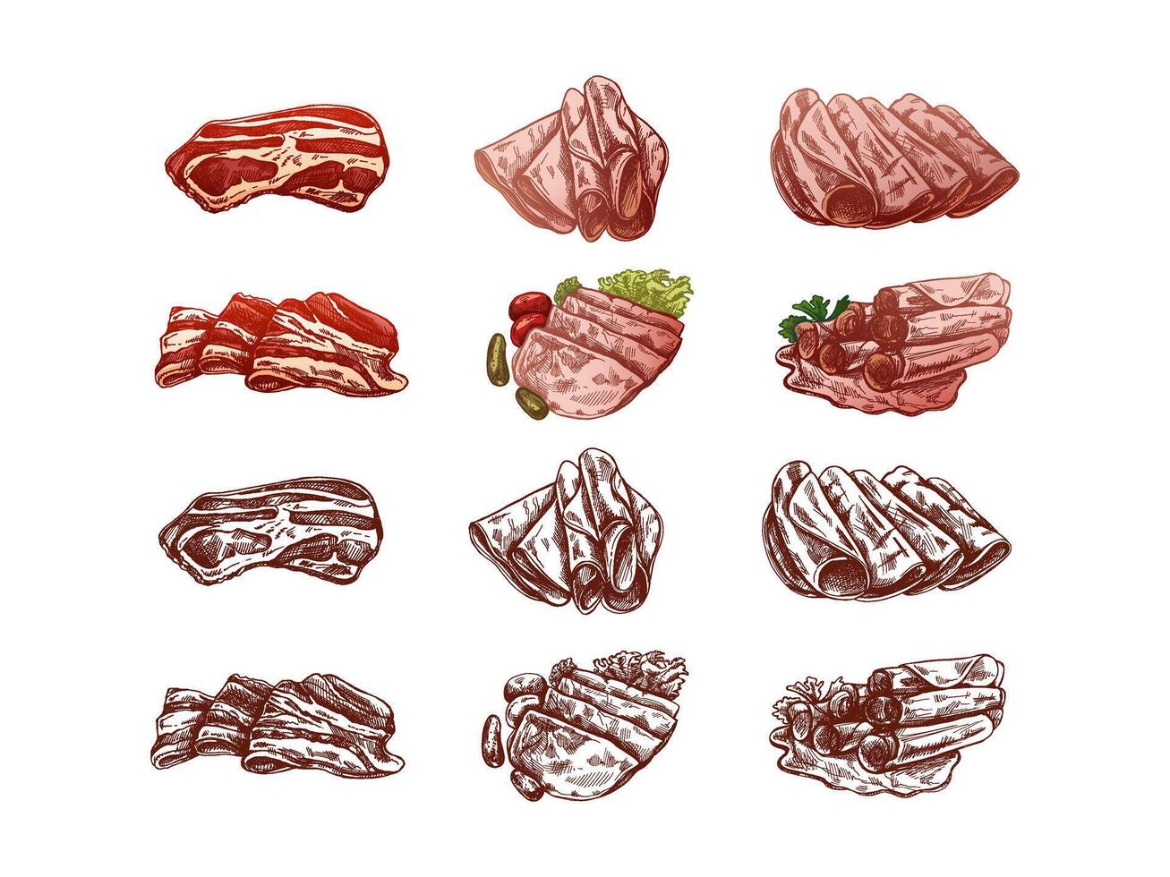 Hand-drawn sketch set of bacon, hamon or pork meat, ham slices. Italian prosciutto vintage sketch. Butcher shop. Great for label, restaurant menu. Engraved image. vector