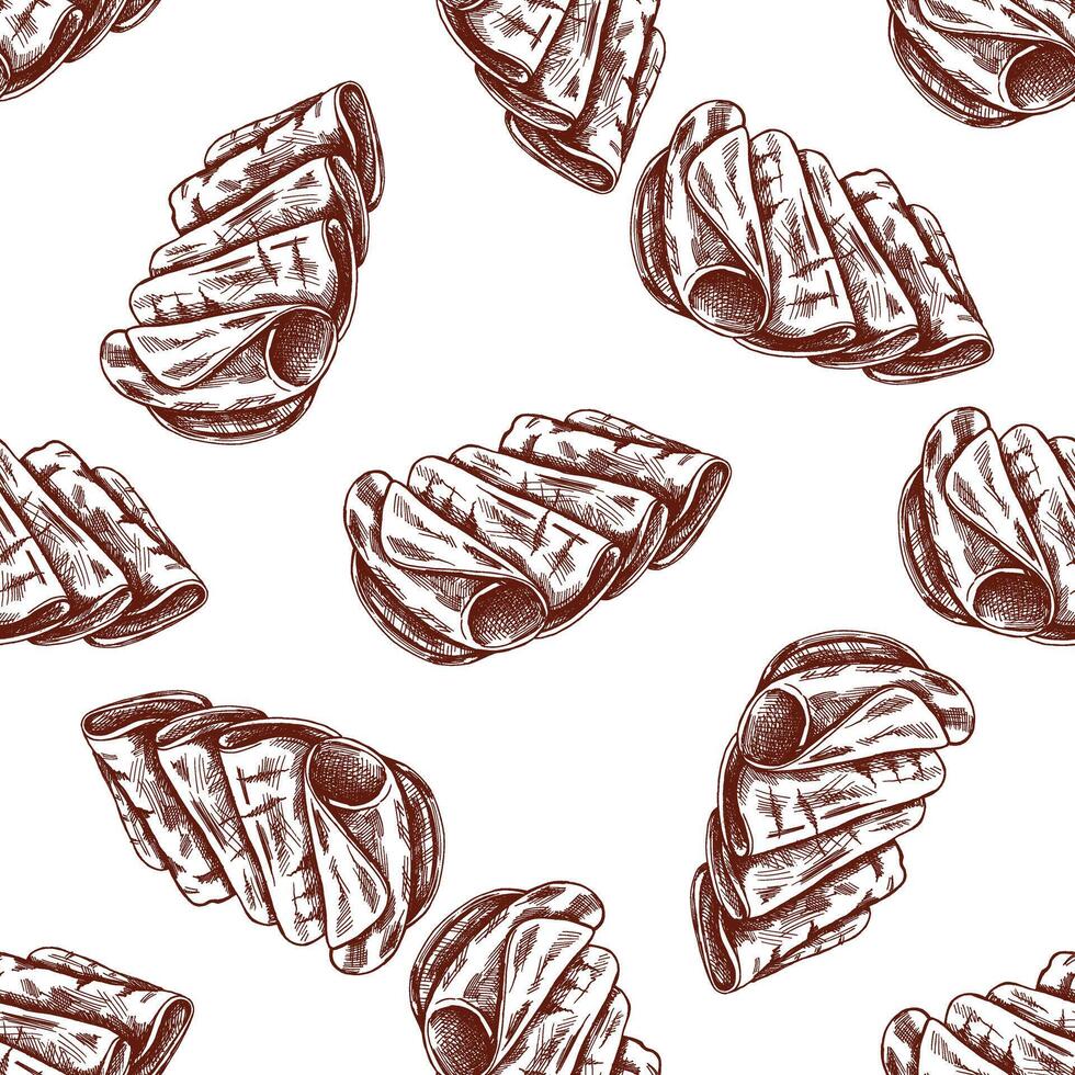 Hand-drawn seamless pattern of bacon, hamon or pork meat, ham slices. Italian prosciutto vintage sketch. Butcher shop. Great for label, restaurant menu. Engraved image. vector