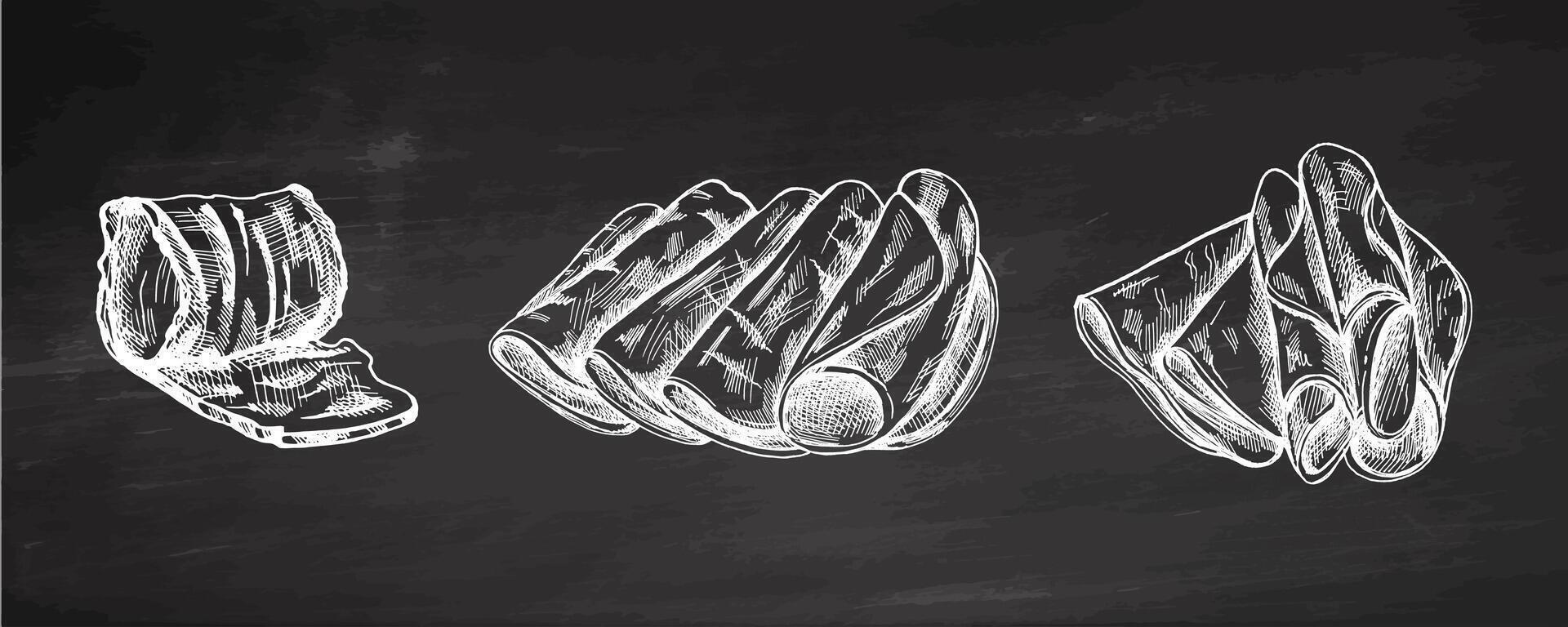 Hand-drawn monochrome sketch of pork meat, ham slice, prosciutto vintage sketch on chalkboard. Butcher shop. vector