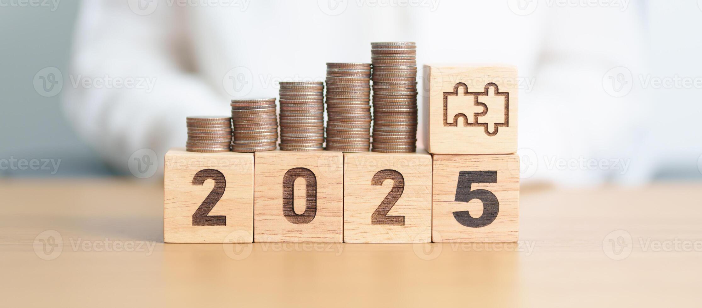 Happy New Year 2025 with Coins stack and jigsaw puzzle icon. business Process, Team, teamwork, Strategy, goal, Money, Budget, investment, financial and New Year Resolution concept photo