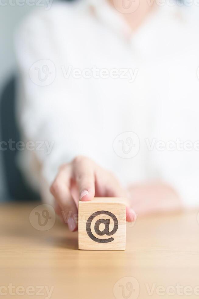 Contact Us concepts. Wood block of Website Address sign. For Customer support hotline, business Marketing, Corporate, communication and Advertising photo