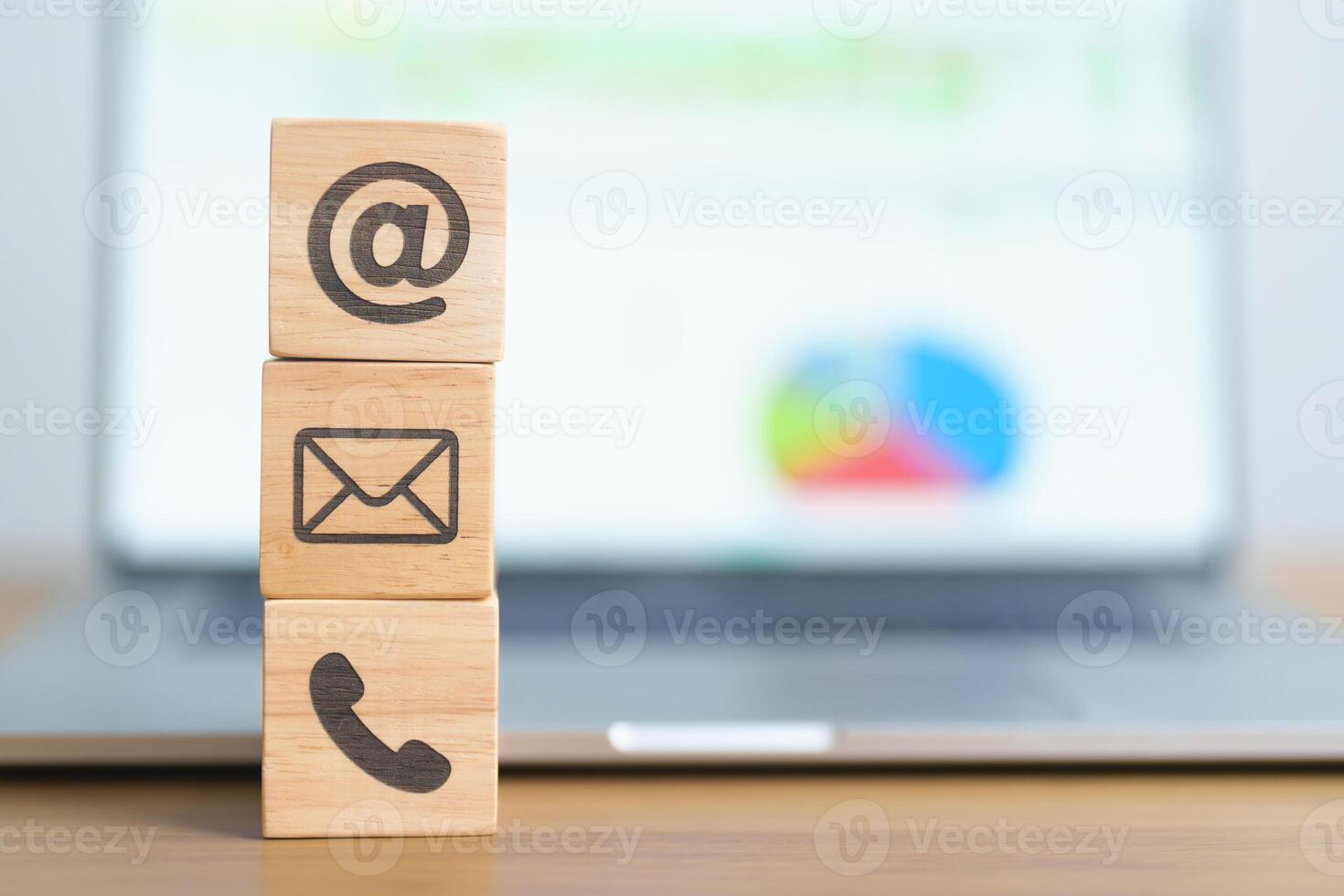 Contact Us concepts. Wood block of Email, call Phone and Website Address sign. For Customer support hotline, business Marketing, Corporate, communication and Advertising photo