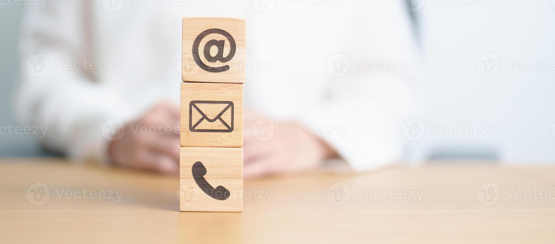 Contact Us concepts. Wood block of Email, call Phone and Website Address sign. For Customer support hotline, business Marketing, Corporate, communication and Advertising photo