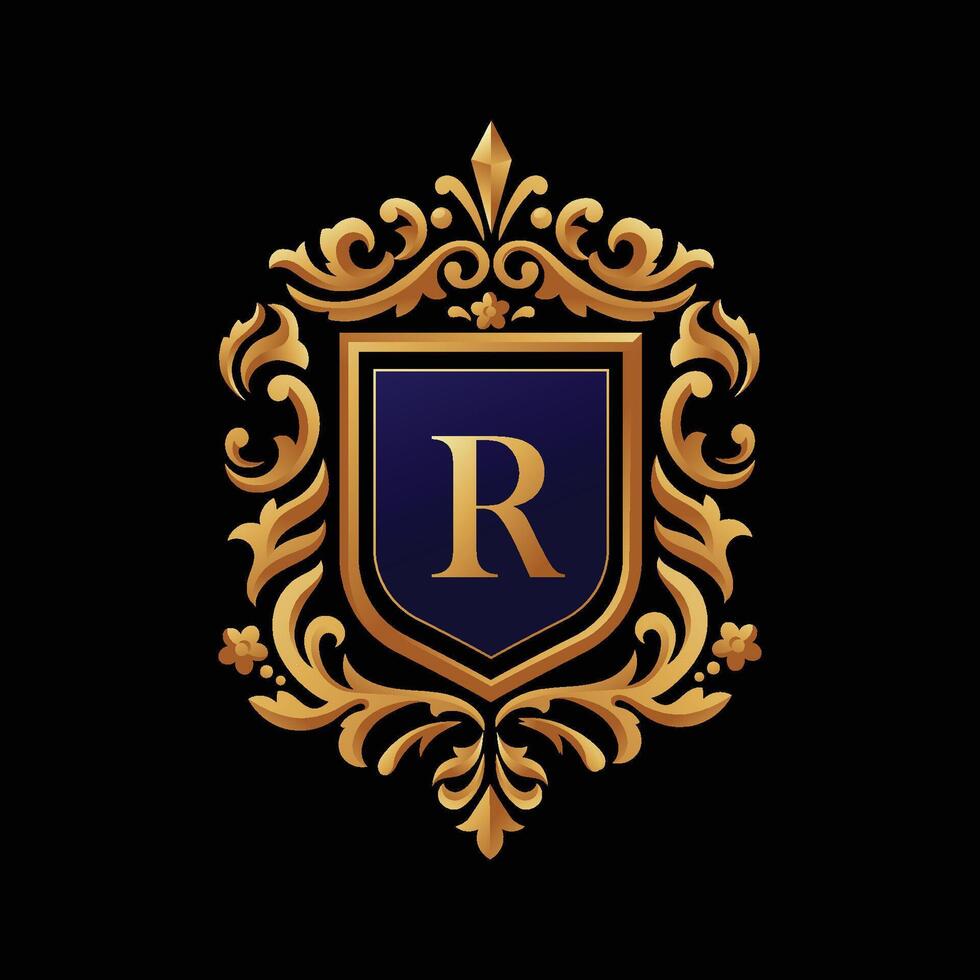 golden initial Letter R inside a shield with vintage frame ornament vector