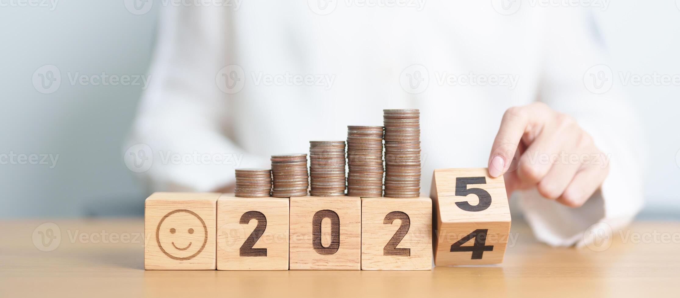 2024 end year to Happy New Year 2025 with Coins stack and Smile icon. goal, Money, Budget, investment, financial, savings, New Year Resolution, Satisfaction, feedback, Review and good year concept photo