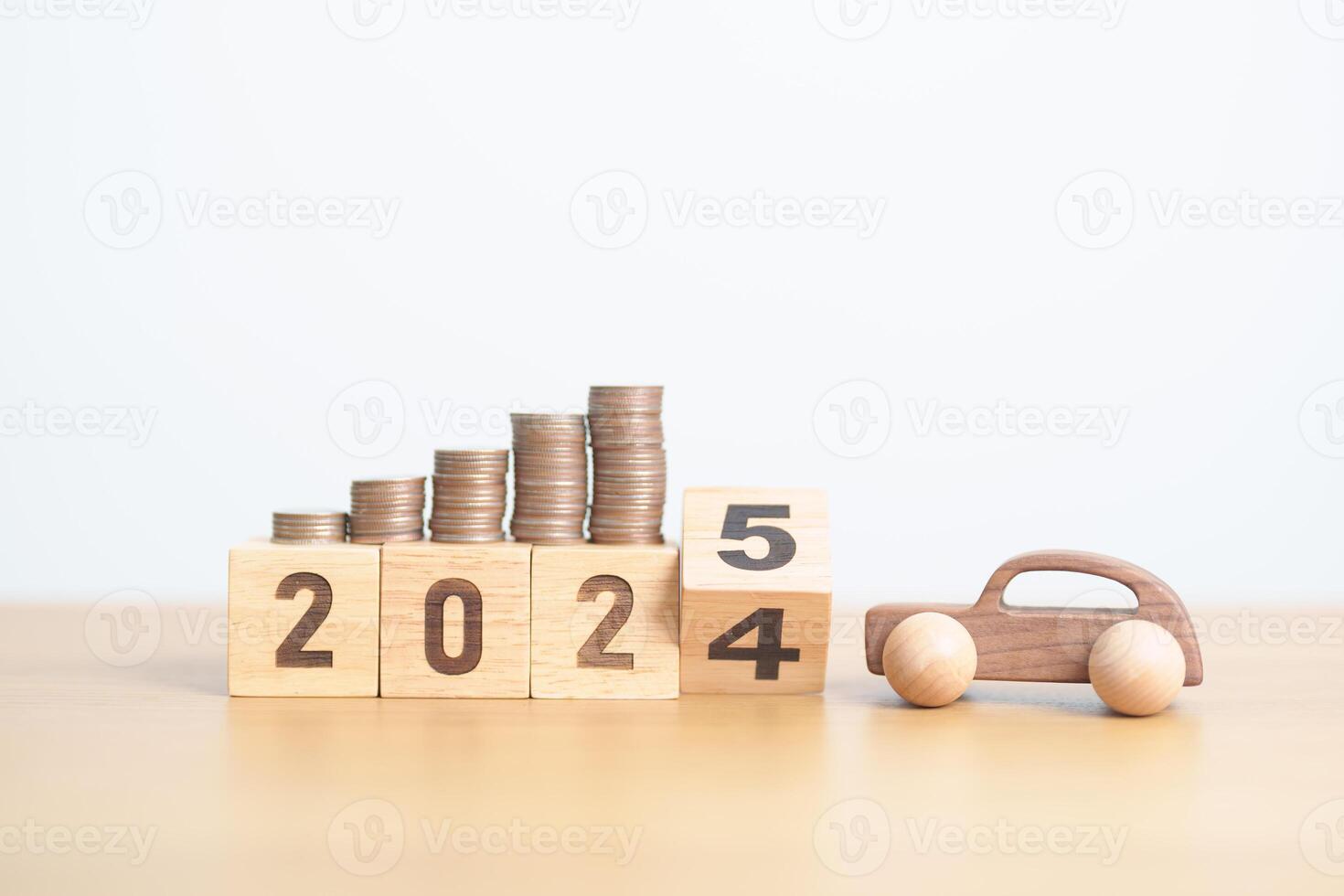 2024 end year to Happy New Year 2025 with car model and Coins Money stack for deposit and Automobile Tax. Money Saving, Car Insurance, Financial, vehicle Repair and Maintenance and New Year concept photo