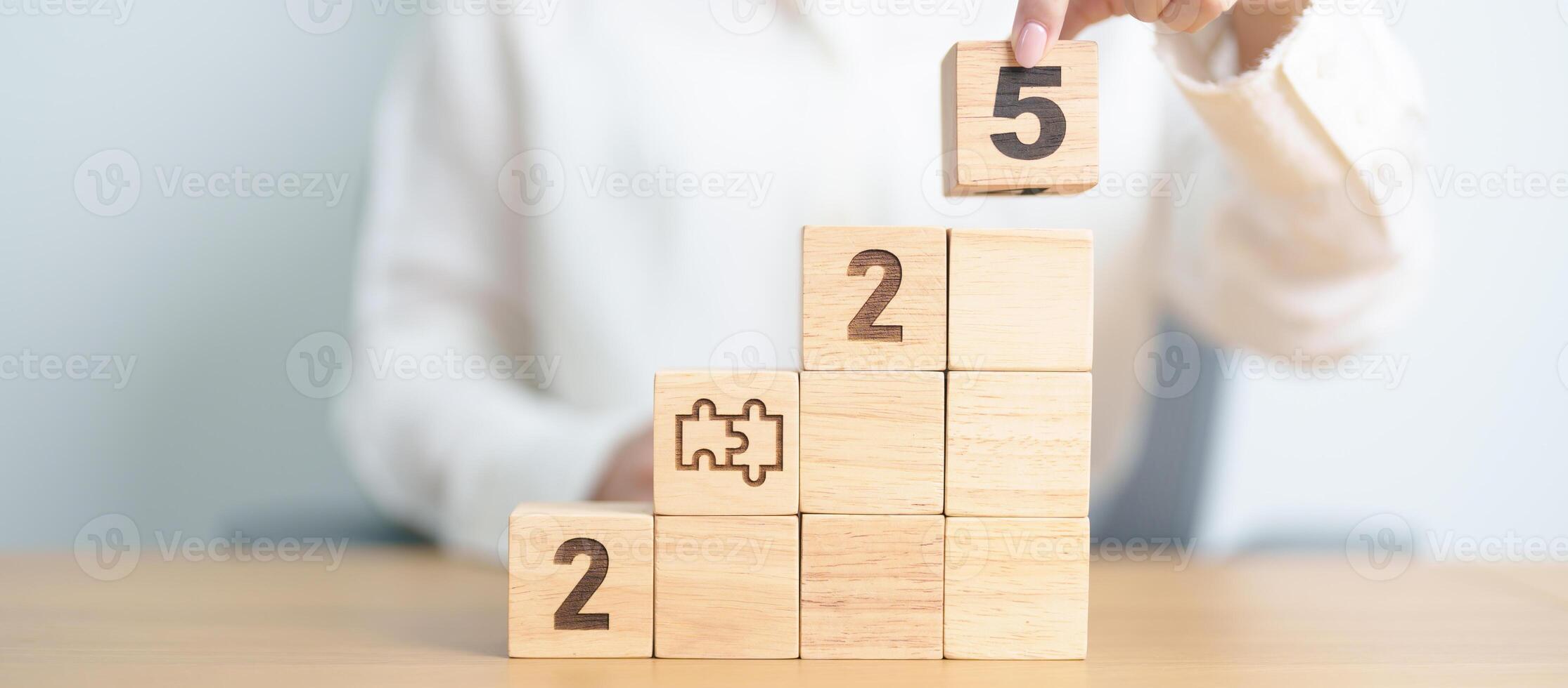2025 year block with jigsaw puzzle icon. Business Process, Team, teamwork, Goal, mission, Resolution, strategy, plan, Action, partnership, and New Year start photo