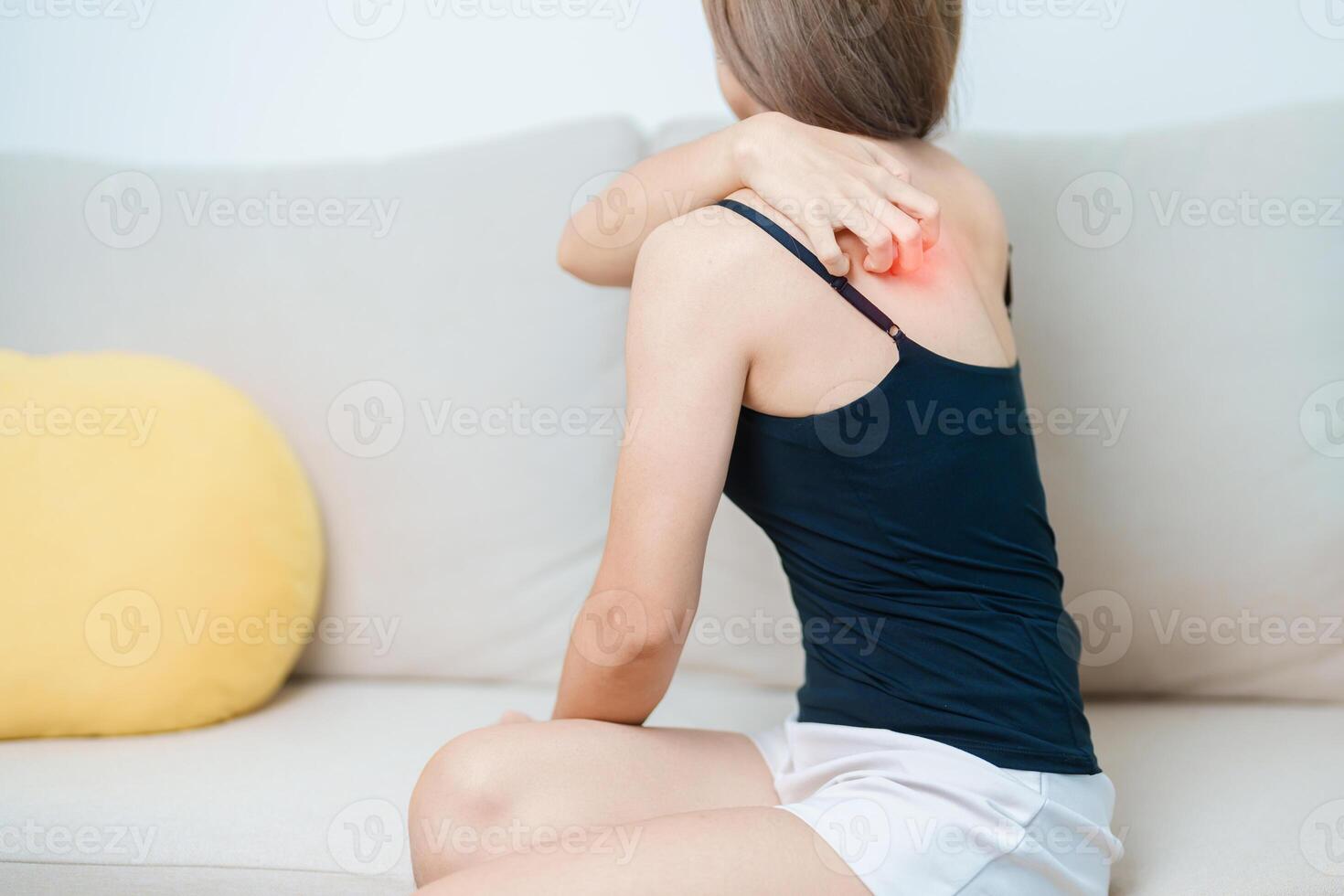woman itching and scratching itchy back. Sensitive Skin Allergic reaction to insect bite, food, drug dermatitis. Dermatology, Leprosy, Systemic lupus erythematosus, Allergy symptoms and rash Eczema photo