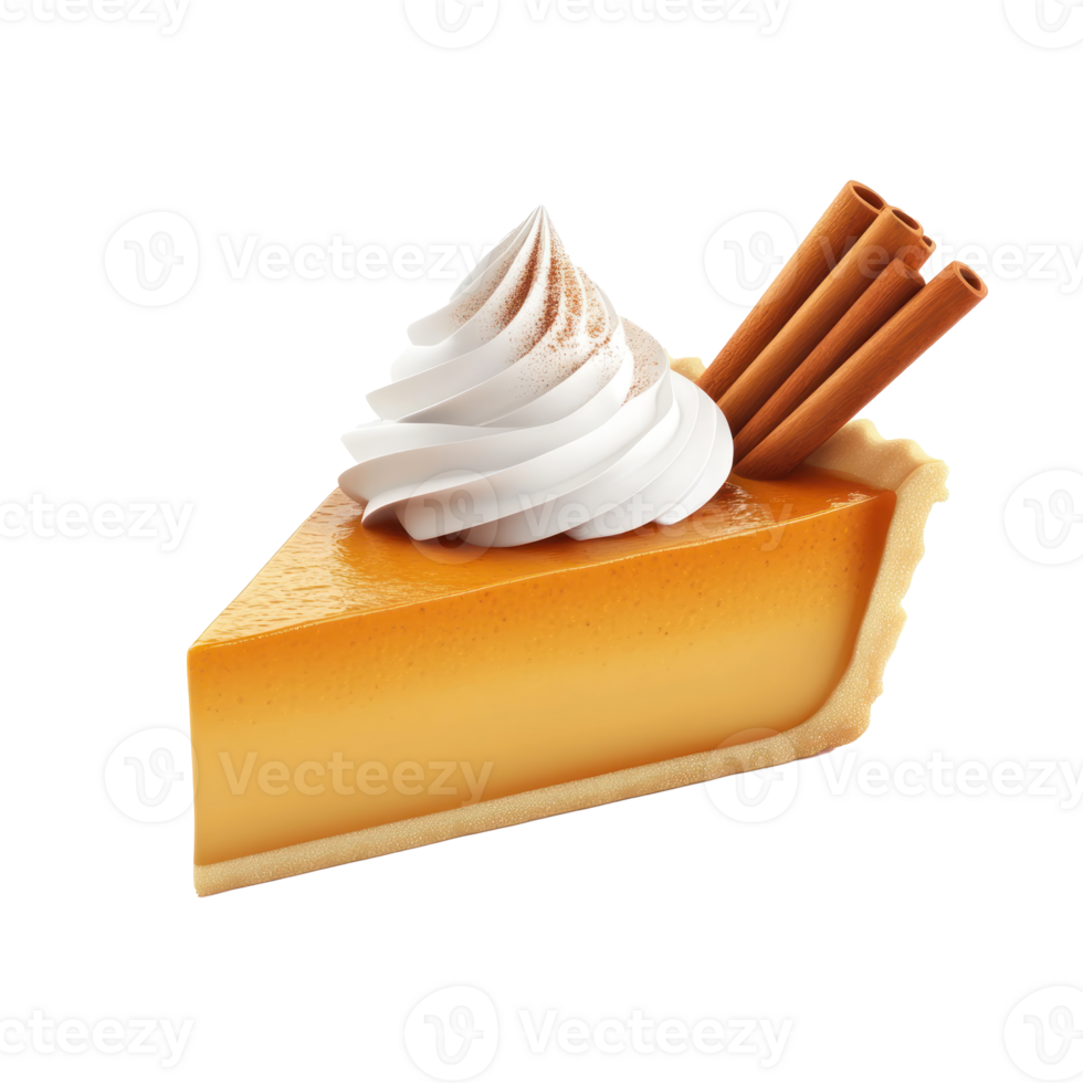 pumpkin pie slice with whipped cream and cinnamon sticks on transparent background png