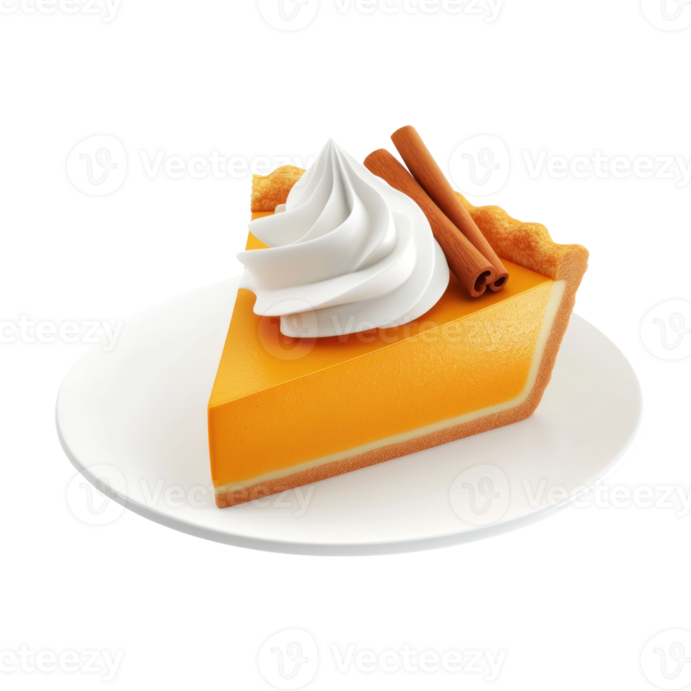 3D icon cartoon slice of pumpkin pie with whipped cream and cinnamon png