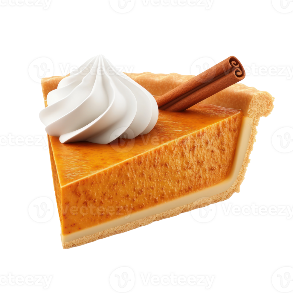 pumpkin pie slice with whipped cream and cinnamon stick on transparent background png