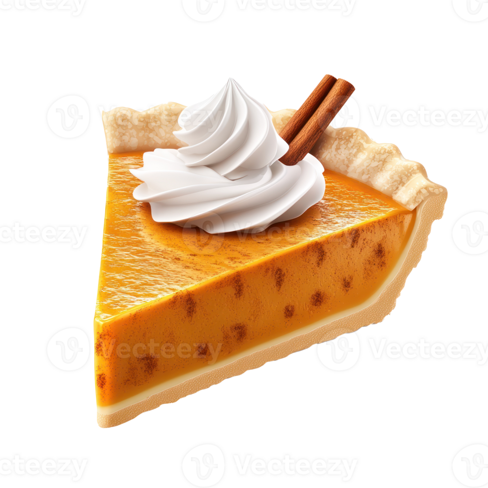 pumpkin pie slice with whipped cream and cinnamon stick on transparent background png