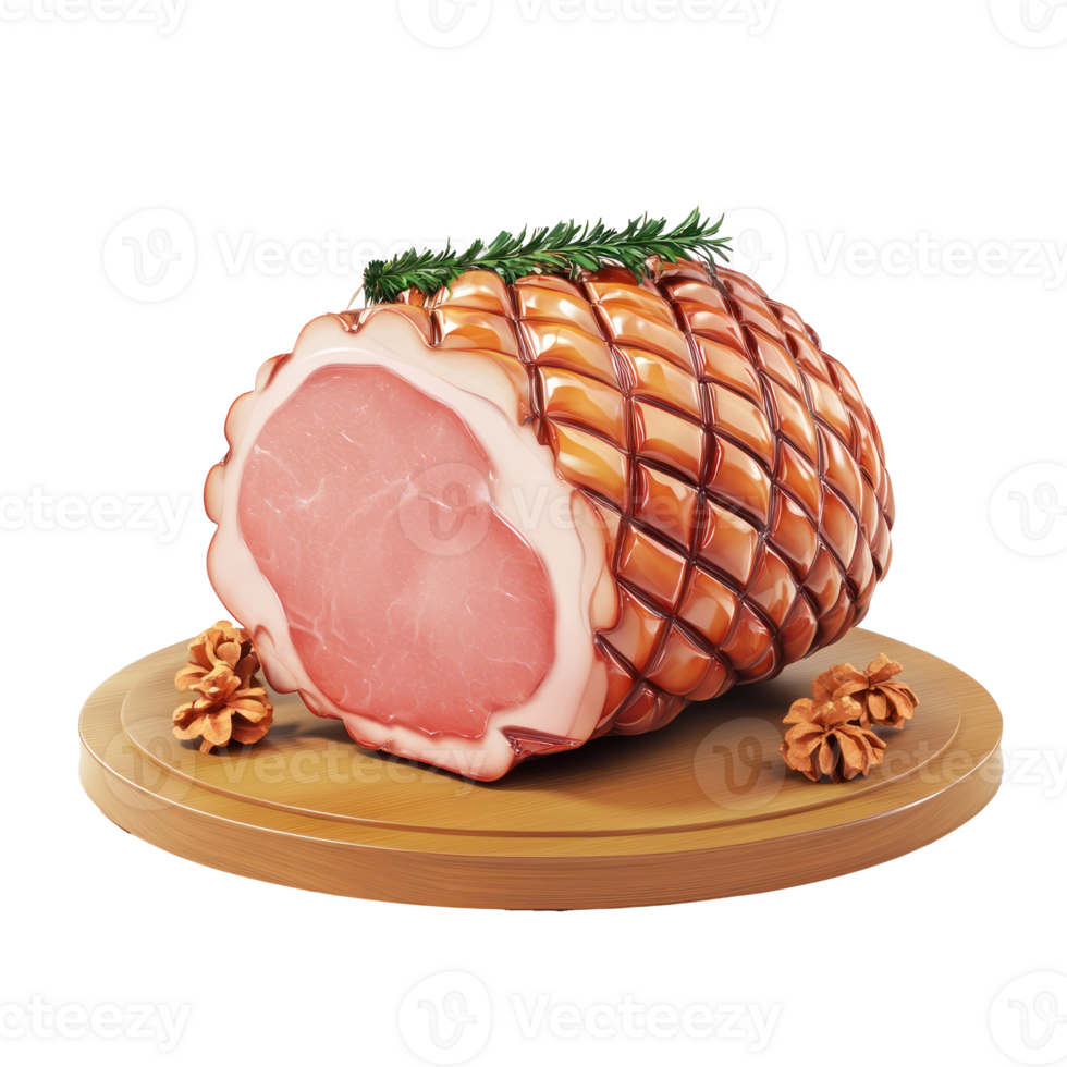 3D icon cartoon ham on a wooden cutting board with rosemary png