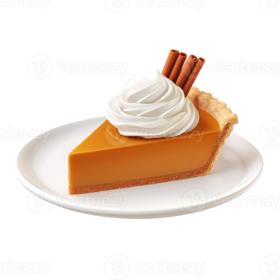 a slice of pumpkin pie with whipped cream and cinnamon sticks png