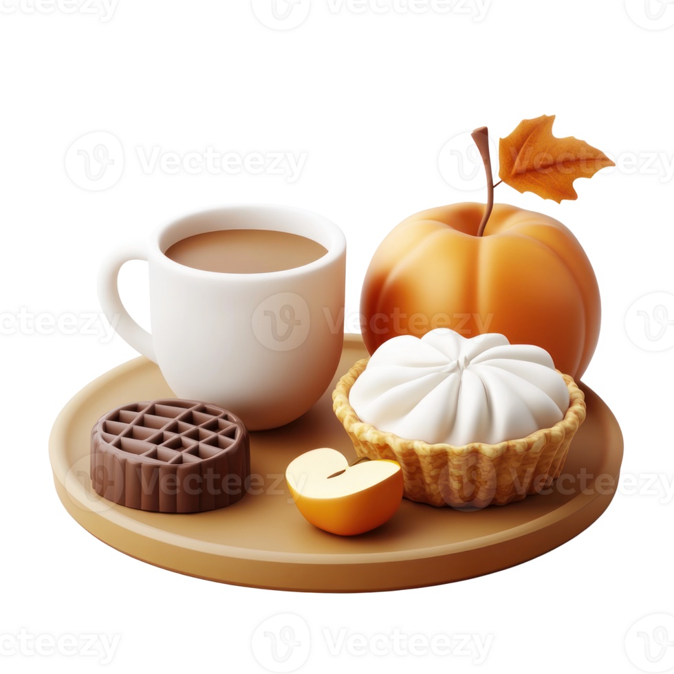 an apple, pumpkin, and coffee on a plate png