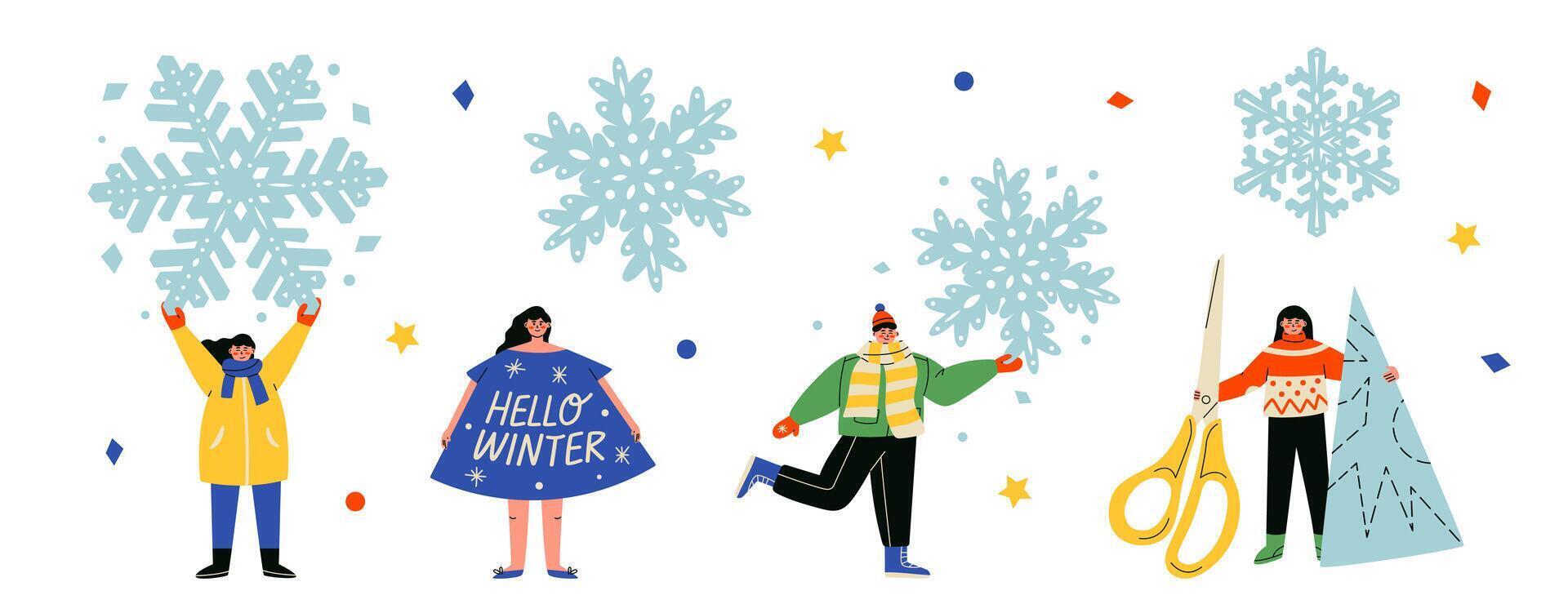 People with big snowflakes. Hello winter. Paper snowflake cutting concept. Trendy flat illustration isolated on white background. vector