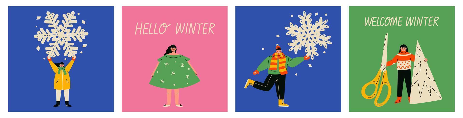 Christmas and New Year card with characters. People with big paper snowflakes. Colorflul card set. vector