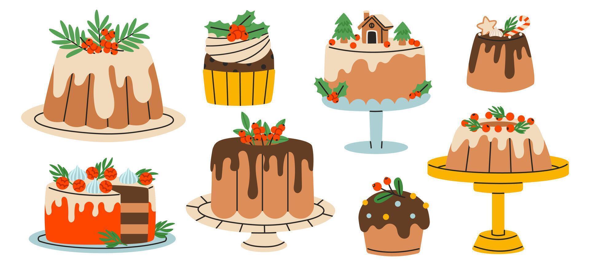 Christmas cake set. Collection of Christmas cakes or cute winter holiday pies with holly berries. Holiday pudding. Flat illustration isolated on white background. vector