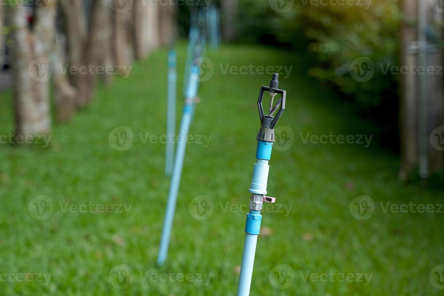 Pipes and sprinkler systems for agriculture can provide water in a wide area, compressing the water into streams and swirling it around the trees, vegetables, and garden plants. photo