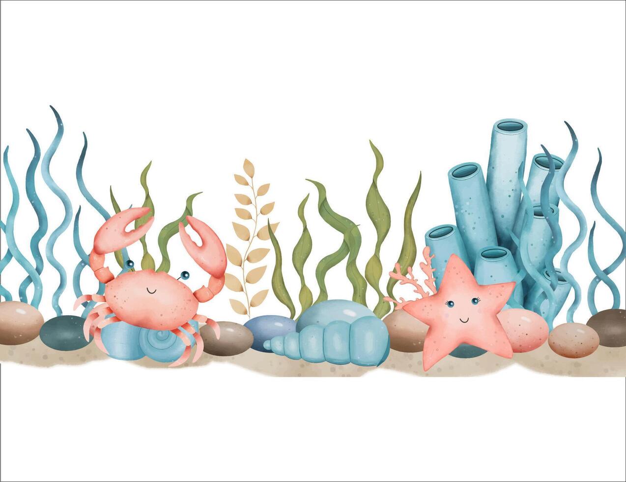Sea border with a crab, algae, stones, bubbles, shells, starfish. Underwater world. Hand drawn watercolor illustration vector