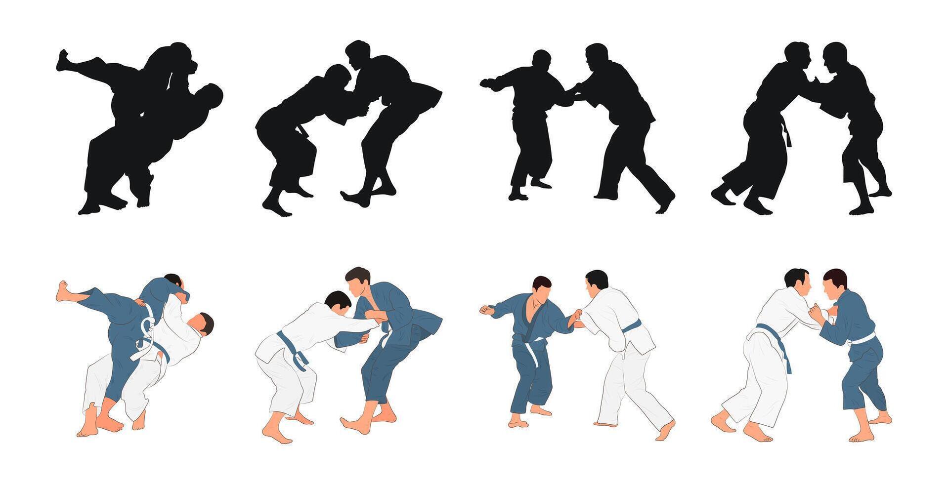 Professional judokas silhouettes in training. Judo athletes black, flat. Sports icons collection. Fighters. Martial arts vector