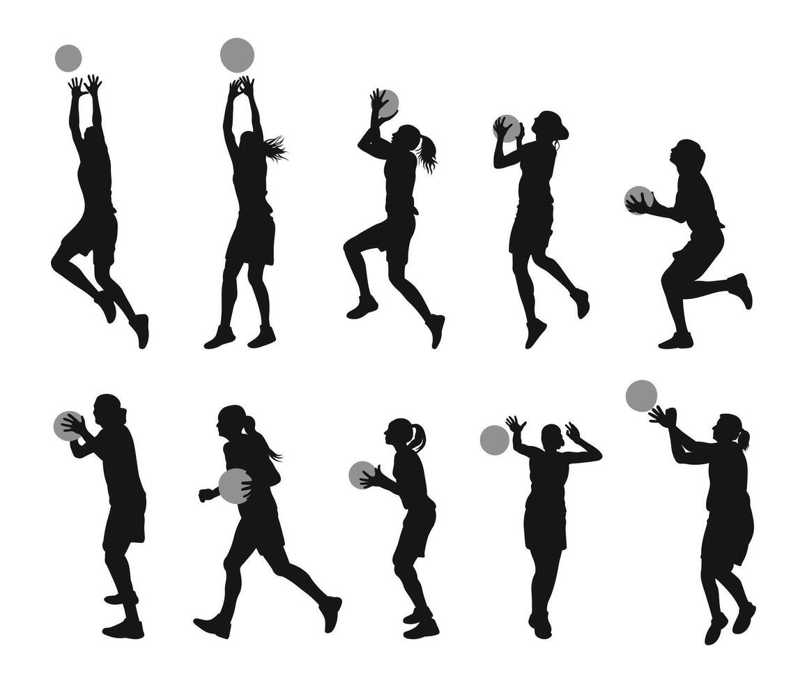 Womens basketball, female athlete silhouette, female basketball players with different poses, gestures vector
