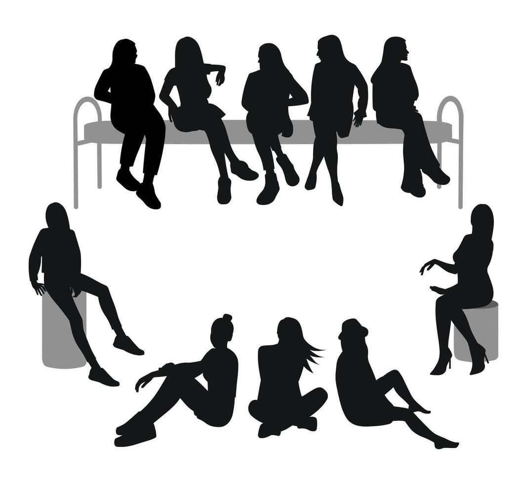 Set of silhouettes of sitting people, girls communicating vector