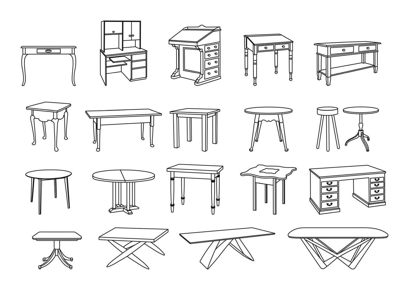 Piece of furniture in the interior of a house, line table sketch, room decor, black and white linear illustration vector