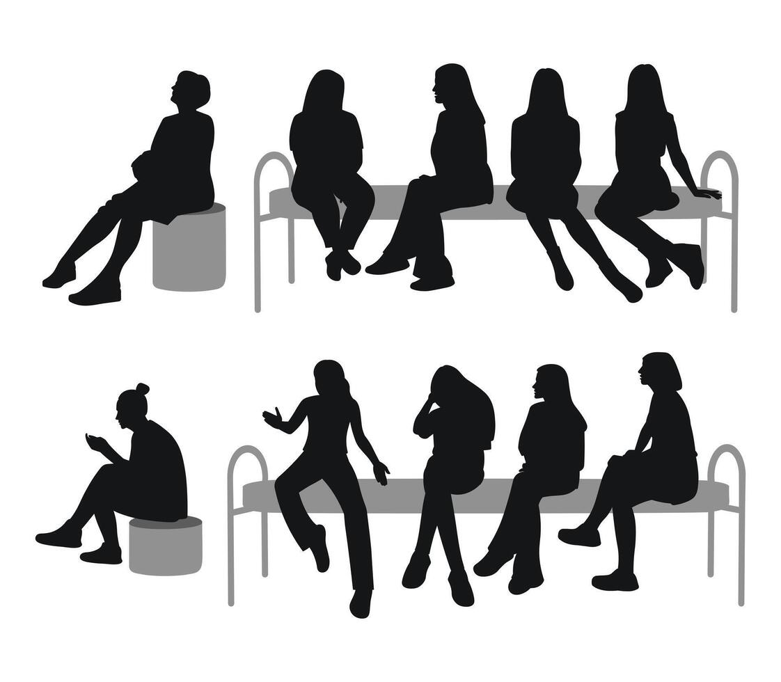 Silhouette of female figures, waiting, queue vector