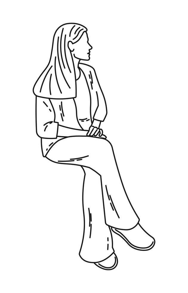 Sad woman sitting and thinking, female body sketch vector