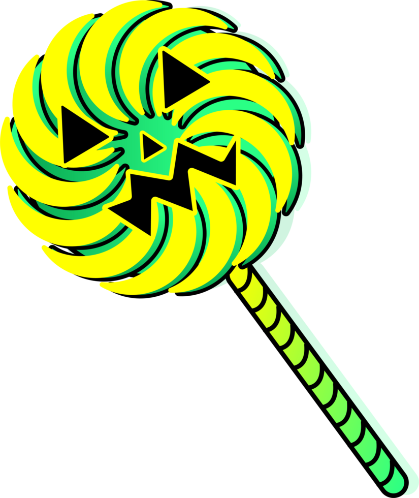 A yellow and green lollipop with a face on it png