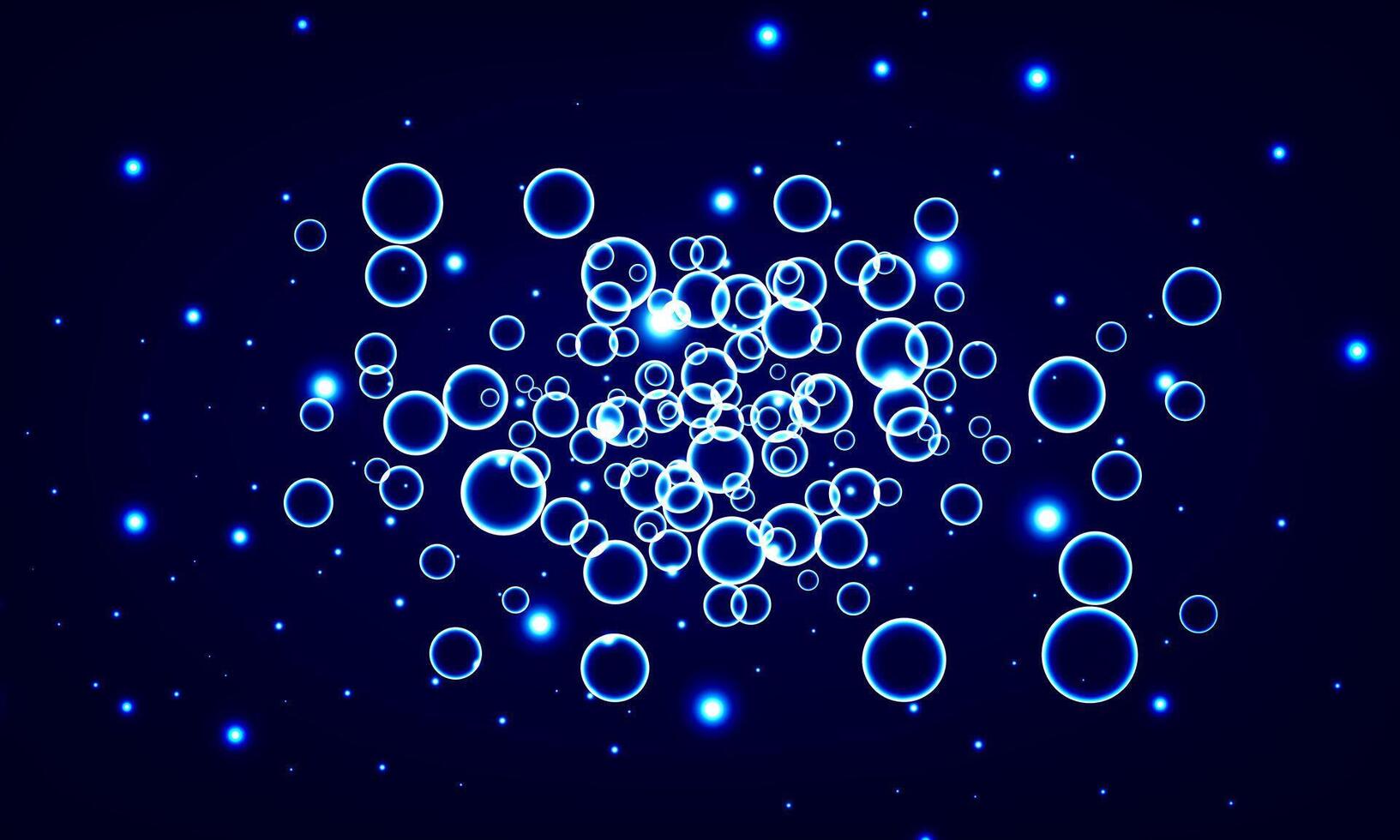 Soft blue bubbles and water with light on dark background. circle particles. vector