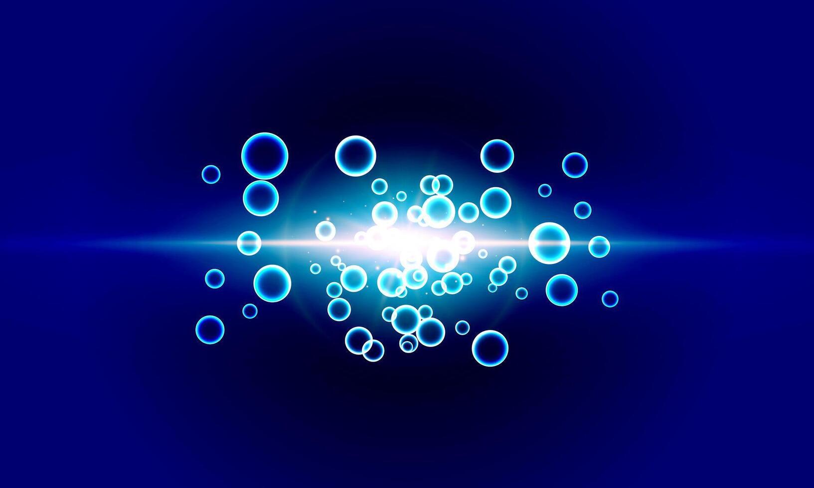 Smooth blue circle bubbles and water with light on dark background. shiny soft light. vector