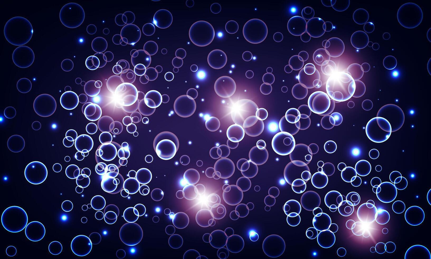 Blue circle bubbles and water with bright light on dark background. shiny light on dark blue. vector