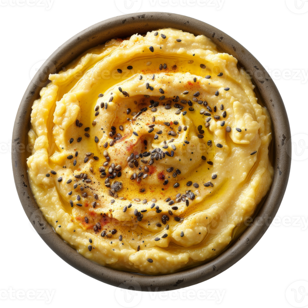 A bowl of hummus with seeds and sesame seeds png
