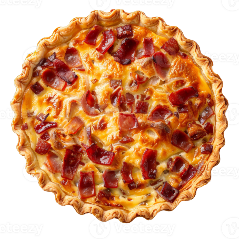 A quiche with bacon and cheese on top png