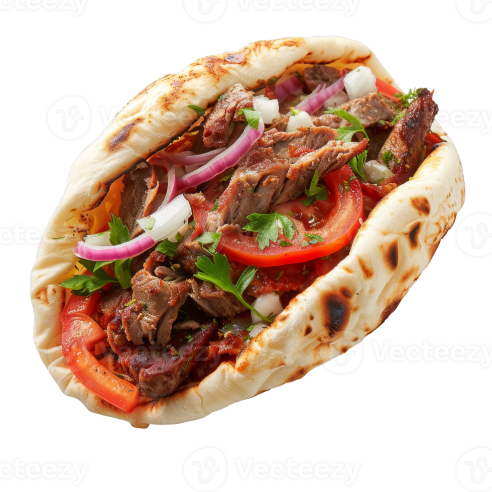 A pita with meat and vegetables on it png