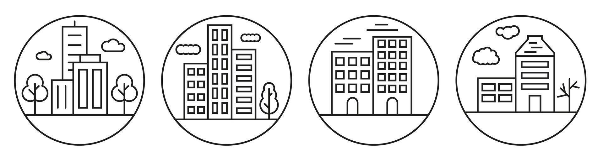 City buildings line icons. Collection of high-rise icons. Various buildings. vector