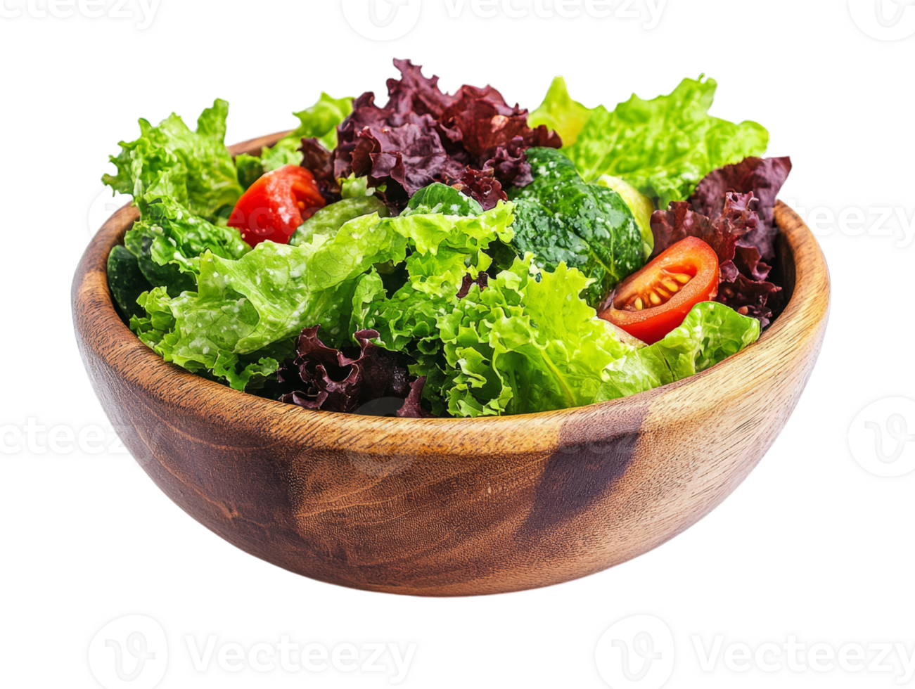 A wooden bowl filled with lettuce and tomatoes png