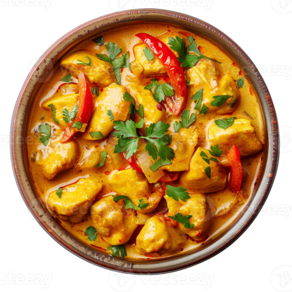 Chicken curry in a bowl with vegetables and herbs png
