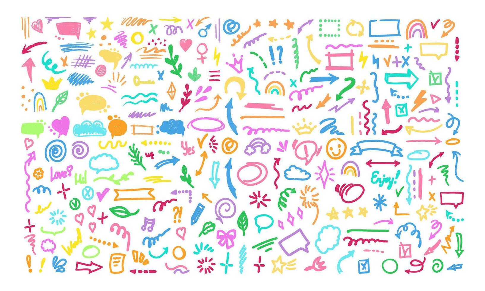 Hand-drawn pencil color brush elements, brush with crayon effect, chalk texture. illustration in children's style. Crayon brush colored scribble, square, spiral, arrow. vector