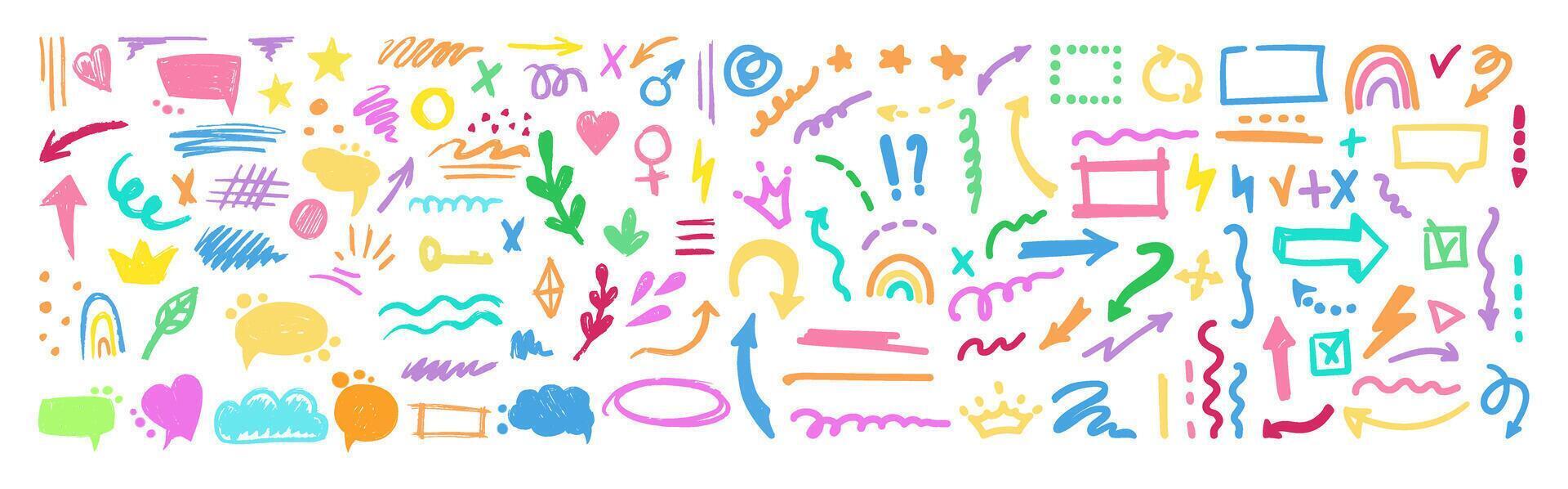 Hand-drawn pencil color brush elements, brush with crayon effect, chalk texture. illustration in children's style. Crayon brush colored scribble, square, spiral, arrow. vector