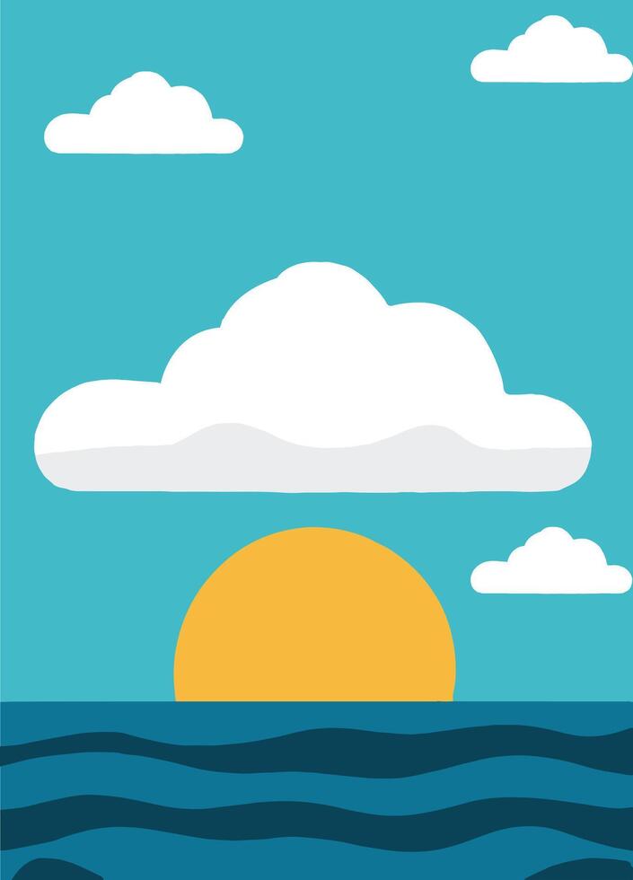 Morning sun among clouds illustration. Adventure flat cloudscape art. vector