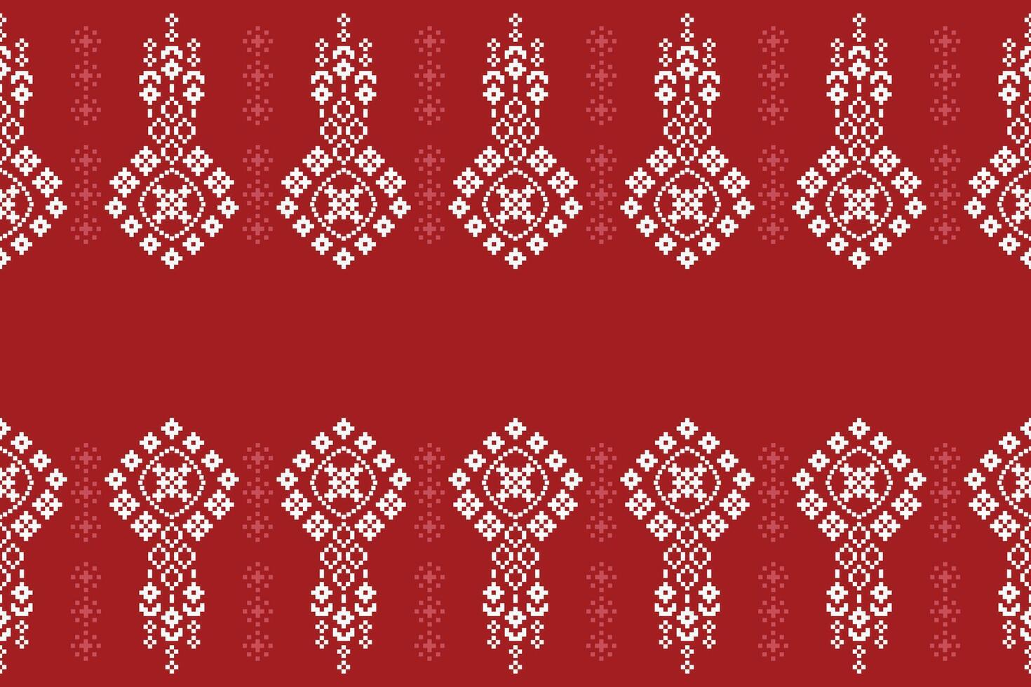 Fabric pattern red color background motif cross stitch red color design motif decor. vector
