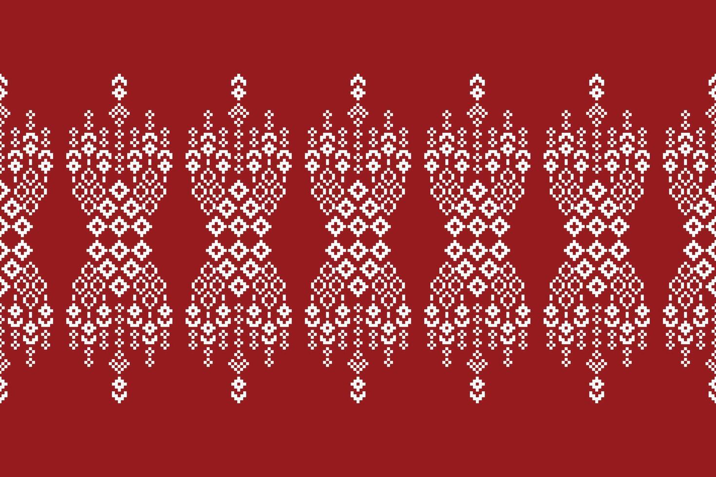 Fabric and ethnic pattern red color background motif cross stitch pattern. vector